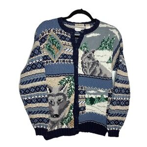 Vintage Cabela's Cardigan Womens S Hand Knit Wolf‎ Winter Nature 90s Ramie Blue